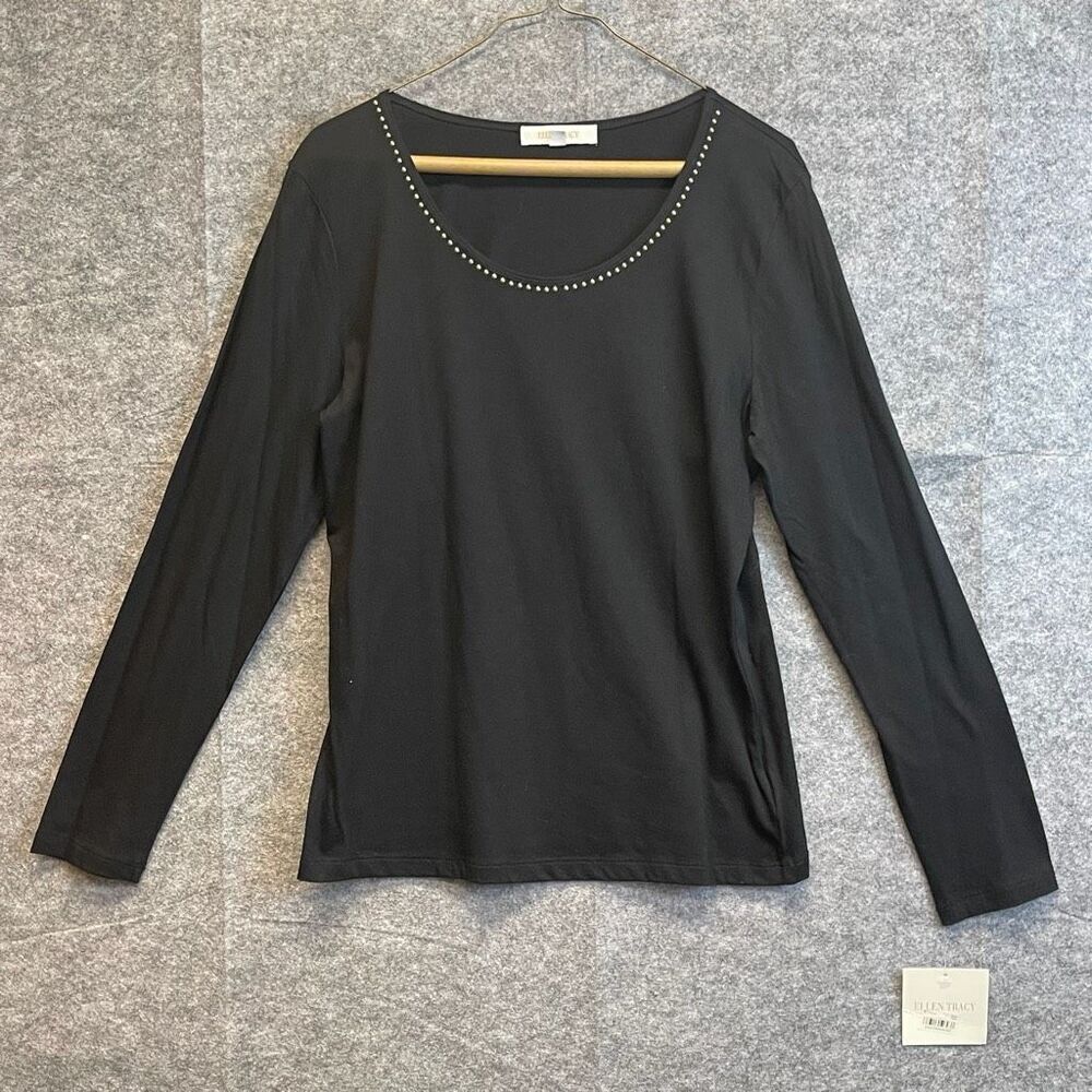 NWT Ellen Tracy Long Sleeve‎ Top Women's Size Large Black Studded Scoop Neck